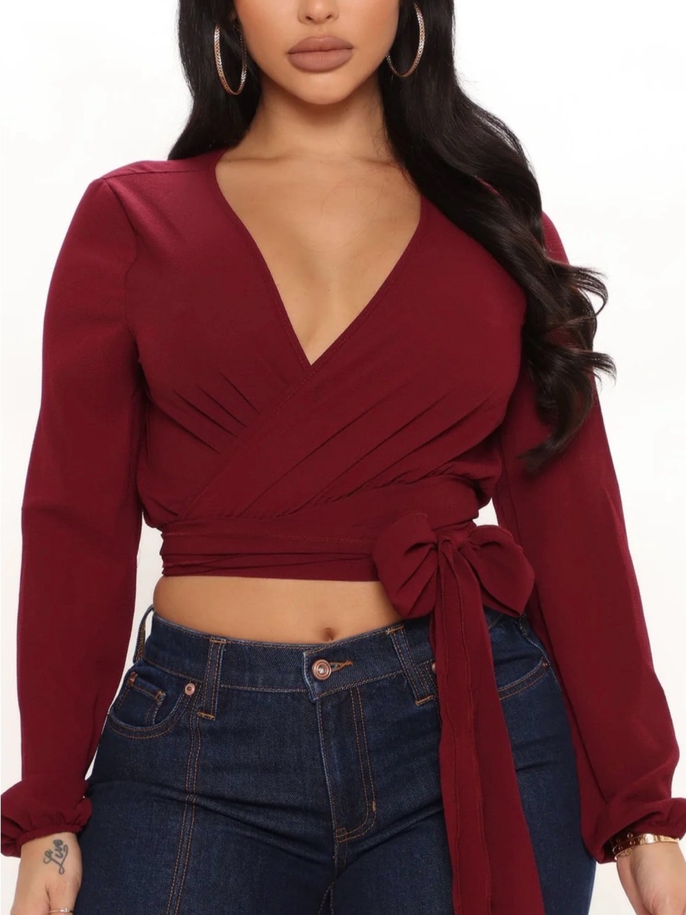 Fashion NOVA Women's Wrap Crop Top - Burgundy V-Neck Long Sleeve